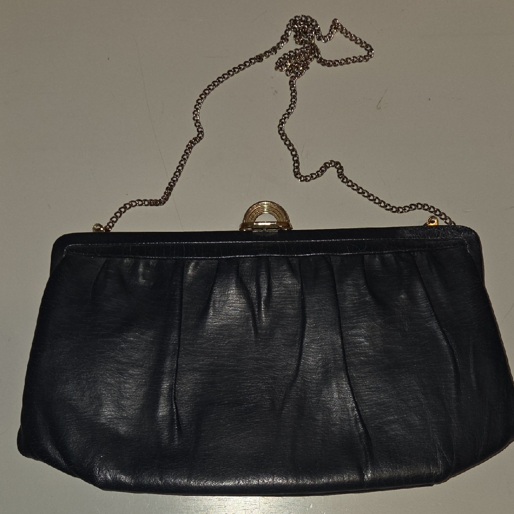 Black Leather Clutch with Gold Chain Strap